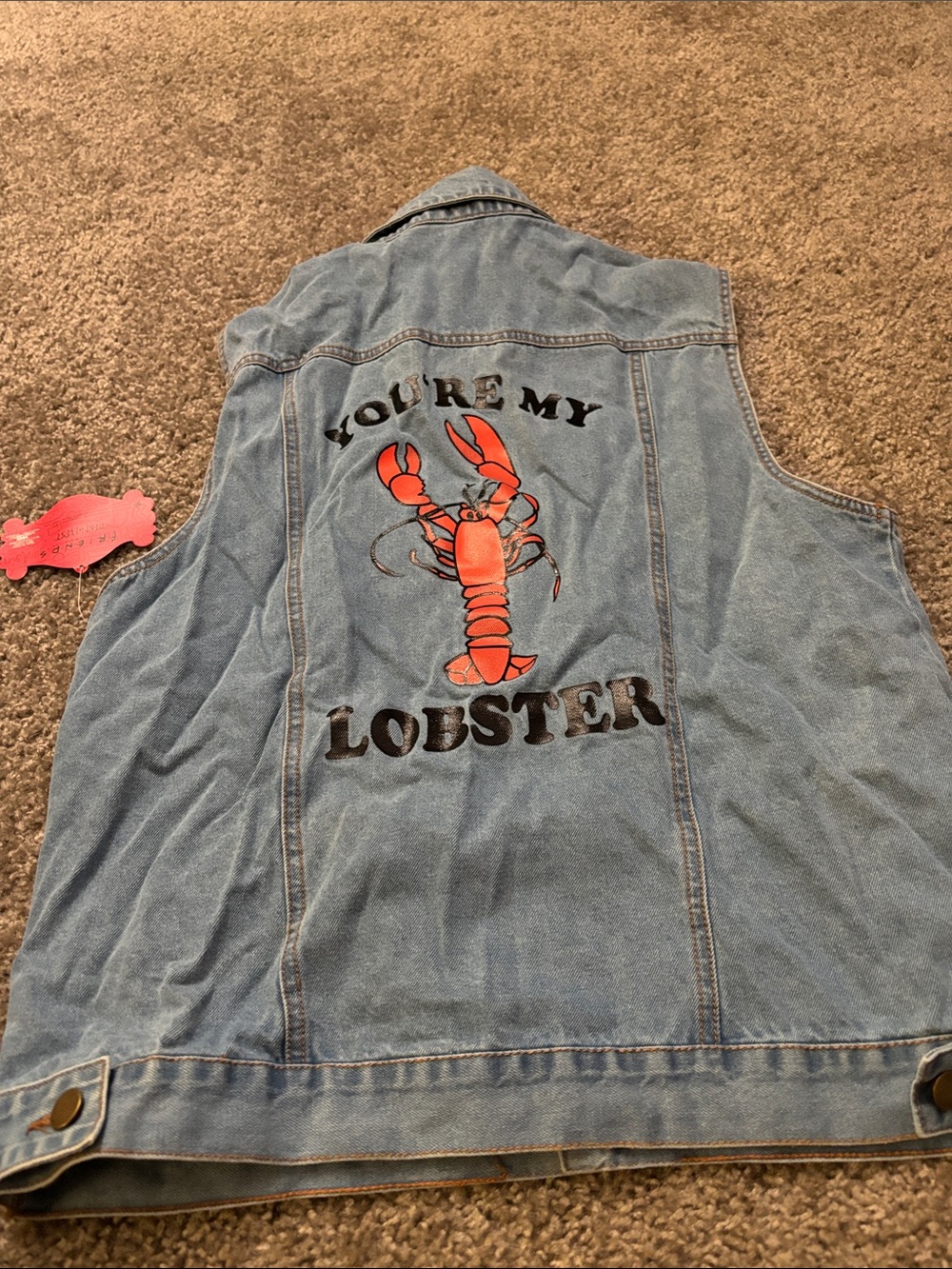 FRIENDS Light Blue Denim Vest with Bright Orange Lobster Graphic